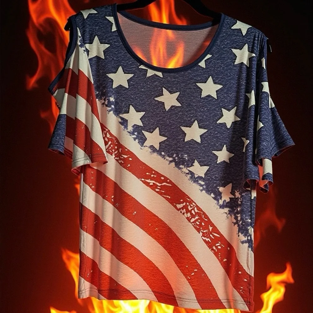 Stars and Stripes Cold Shoulder Short Sleeve T-Shirt - Picture 6 of 6